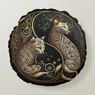 Ying and Yang Cats gold Round Pillow