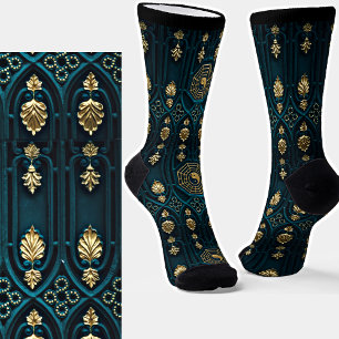 Ying Yang Asian Texture Teal Blue Gold Illusion Socks