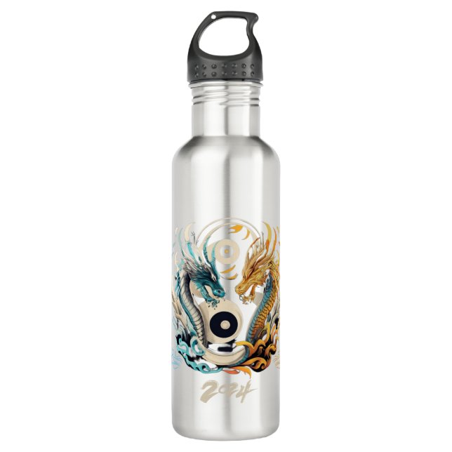 Ying yang dragon heads 2024 stainless steel water bottle (Front)
