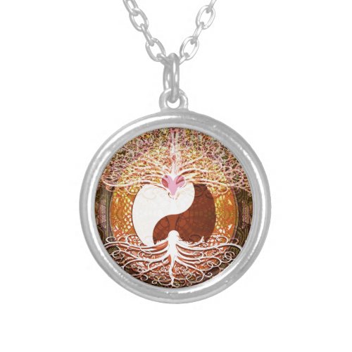 Ying Yang Heart Tree of Life Silver Plated Necklace