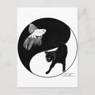 YinYang Fish and Cat - Black and White Postcard