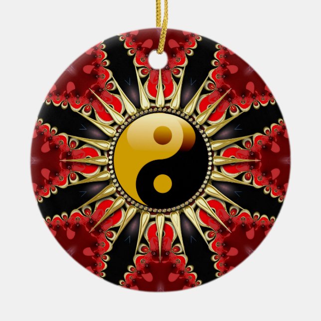 YinYang Red Tribal Flower Ceramic Ornament (Front)