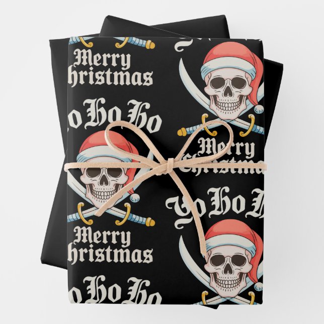 Yo Ho Ho Merry Christmas Pirate Xmas Skull Holiday Wrapping Paper Sheets (In situ)