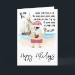 Yo Ho Ho Pirate Santa Rum Christmas   Holiday Card<br><div class="desc">Ahoy! Add some fun to the holidays with this Christmas card that puts a pirate twist to the tune of "The Little Drummer Boy". Features a watercolor pirate Santa on the beach with a tropical coconut drink in one hand and a bottle of rum in the other and pirate ship...</div>