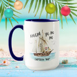 Yo Ho Ho Pirate Santa Ship Captain Christmas  Mug<br><div class="desc">Ahoy! Add some humor to the holidays with this Christmas coffee mug featuring a watercolor pirate Santa with a tropical coconut drink, and a pirate ship and jolly roger with "Aargh!" and "Yo Ho Ho" captions. The bottom line of text (shown here with "Captain GG"), and the pirate ship name...</div>