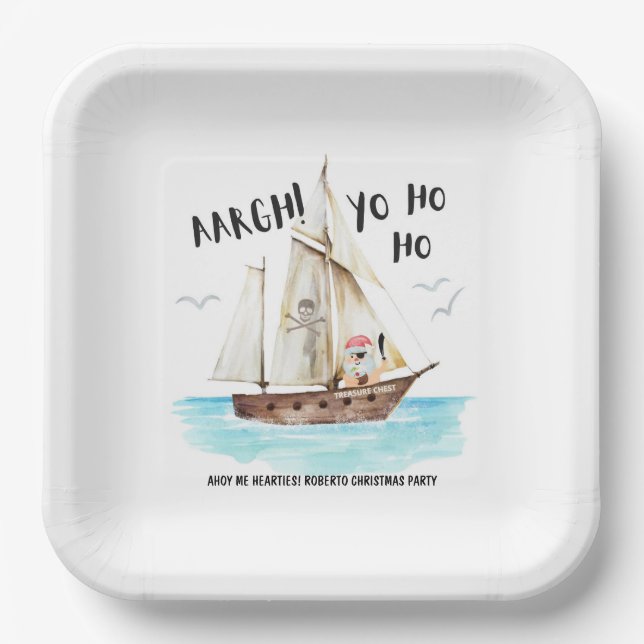 Yo Ho Ho Pirate Santa Ship Christmas Paper Plates (Front)