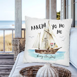 Yo Ho Ho Pirate Santa Ship Christmas Throw Pillow<br><div class="desc">Ahoy! Add some fun to your holiday decor with this Christmas cotton throw pillow featuring a watercolor pirate Santa with a tropical coconut drink, and a pirate ship and jolly roger with "Aargh!" and "Yo Ho Ho" captions. The greeting (shown here with Merry Christmas), and the pirate ship name can...</div>