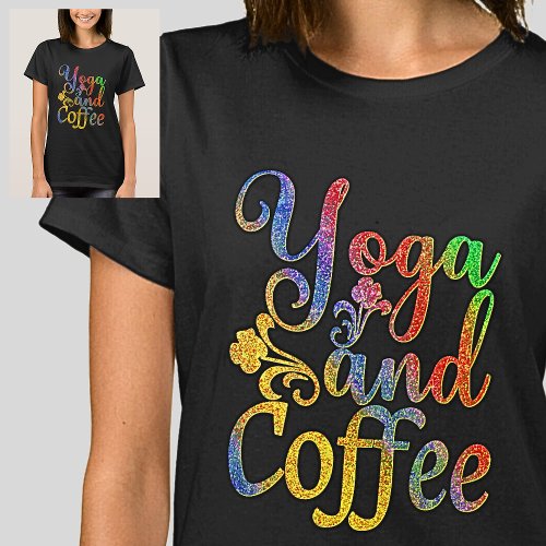 Yoga and Coffee Pastel Rainbow on Black  T_Shirt