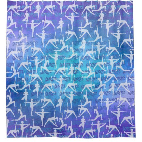 Yoga Asanas pattern on watercolor purple and blue Shower Curtain