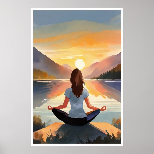 Yoga at the lake at sunset poster