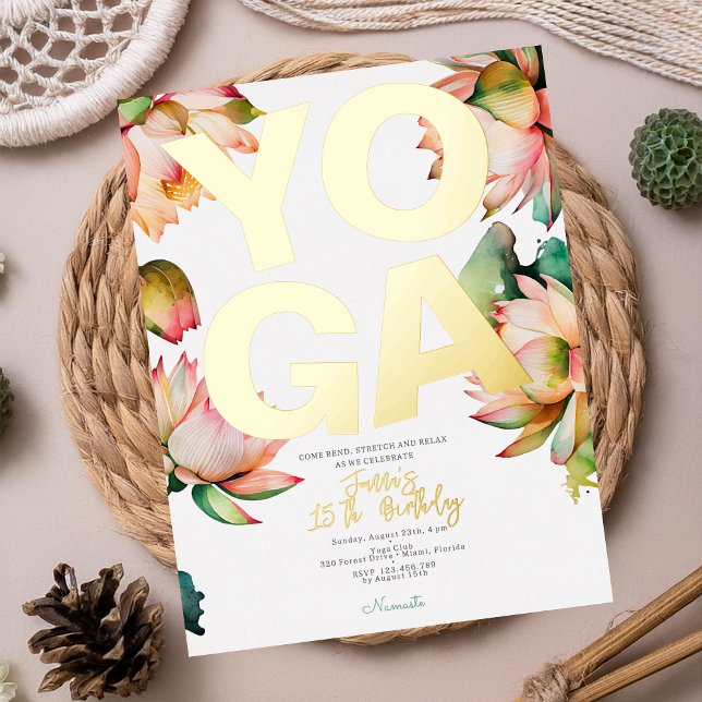 Yoga birthday party gold foil holiday postcard (Creator Uploaded)