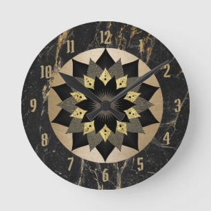 Yoga Black & Gold Lotus Flower Mandala Marble Round Clock