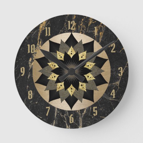 Yoga Black  Gold Lotus Flower Mandala Marble Round Clock