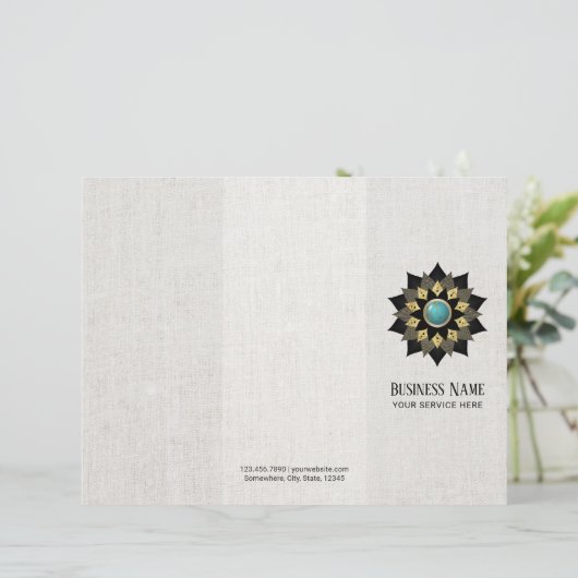 Yoga Black Gold Lotus Mandala Faux Linen Trifold (Standing Front)
