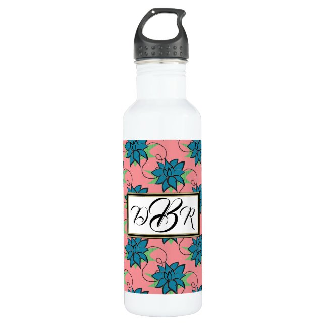 Yoga Blue Lotus Flower Monogram Stainless Steel Water Bottle (Front)