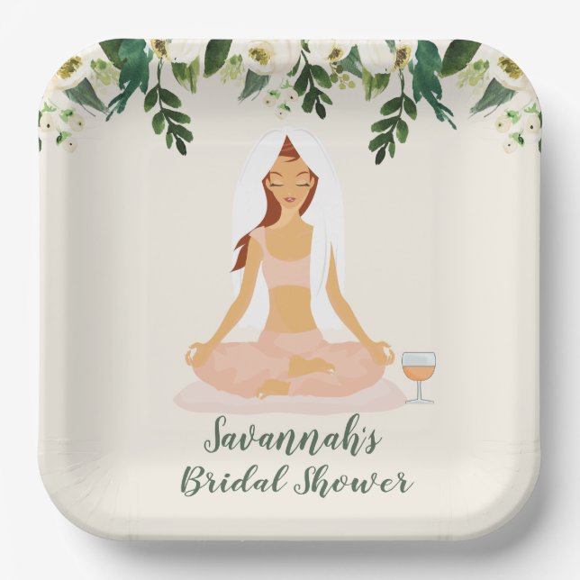 Yoga Bride Mimosa Bridal Shower Brown Hair Paper Plates (Front)