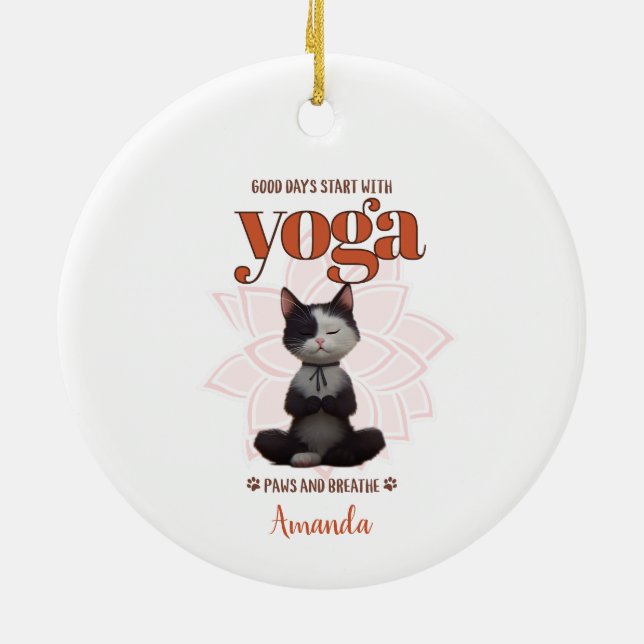 Yoga Cat Funny Paws and Breathe Personalized Ceramic Ornament (Back)