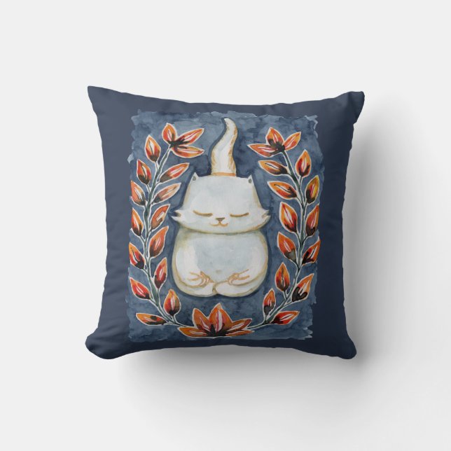 Yoga Cat Indigo Blue Throw Pillow (Front)