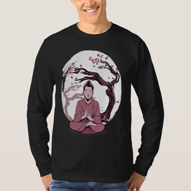 Yoga cherry blossom tree meditate Japanese writing T-Shirt (Front)