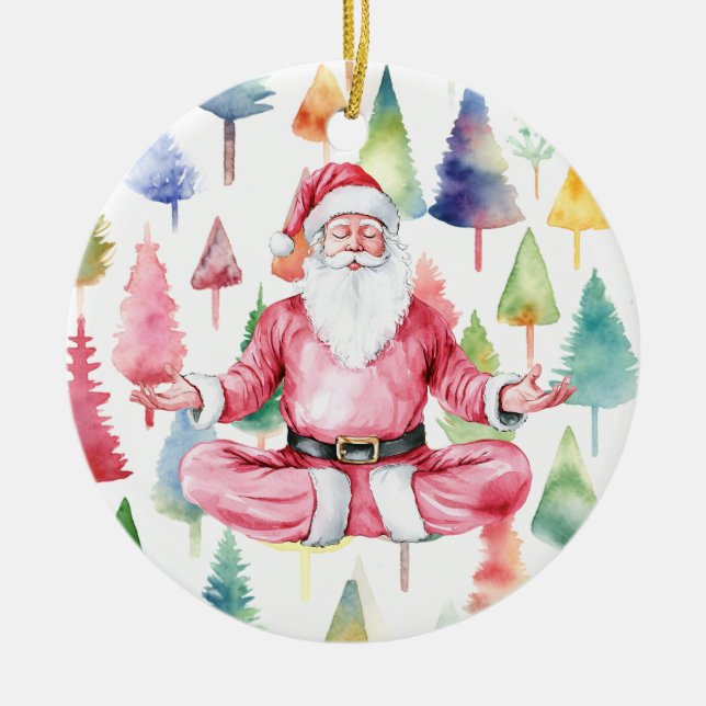 Yoga Christmas Santa Claus posing Yoga Holiday Ceramic Ornament (Front)