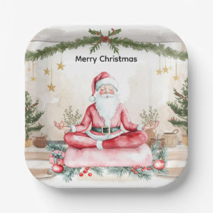 Yoga Christmas with Santa Claus in yoga class Larg Paper Plates