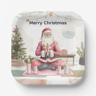 Yoga Christmas with Santa Claus in yoga class Larg Paper Plates