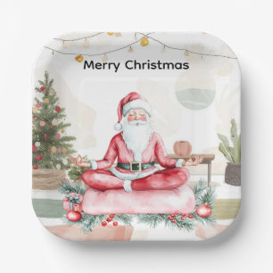 Yoga Christmas with Santa Claus in yoga class Larg Paper Plates