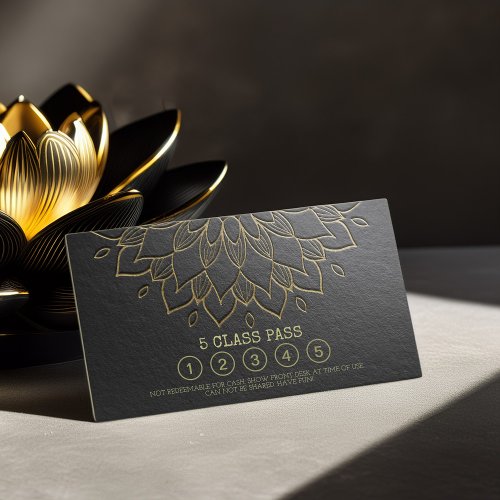 Yoga Class Pass Black Gold Embossed Mandala Floral Loyalty Card