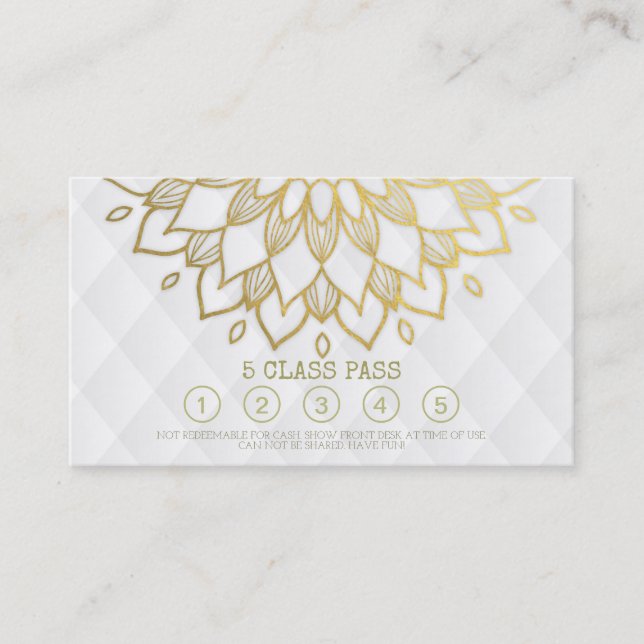 Yoga Class Pass Gold Mandala Floral White Leather Loyalty Card (Front)
