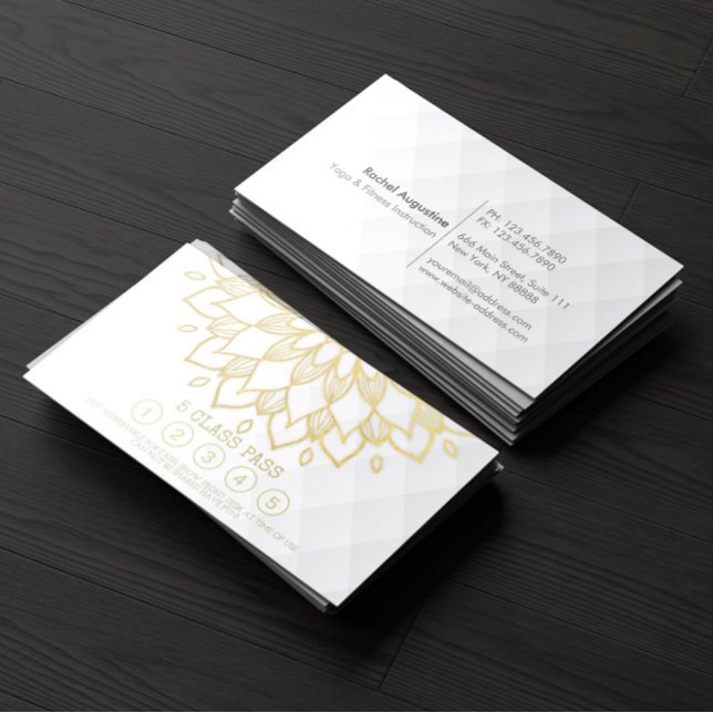 Yoga Class Pass Gold Mandala Floral White Leather Loyalty Card (Creator Uploaded)