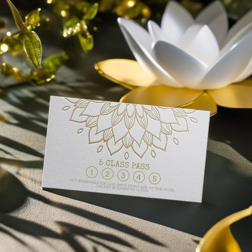 Yoga Class Pass White Gold Embossed Mandala Floral Loyalty Card