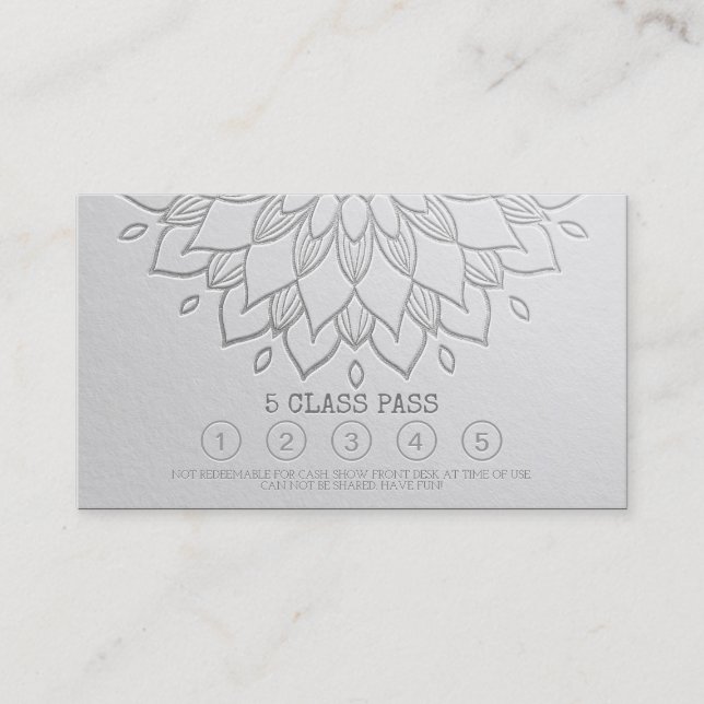 Yoga Class Pass White Silver Emboss Mandala Floral Loyalty Card (Front)