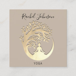 Yoga Classes School Logo Instructor Beige Gold Square Business Card
