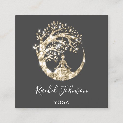 Yoga Classes School Logo Instructor QR Black Gold Square Business Card