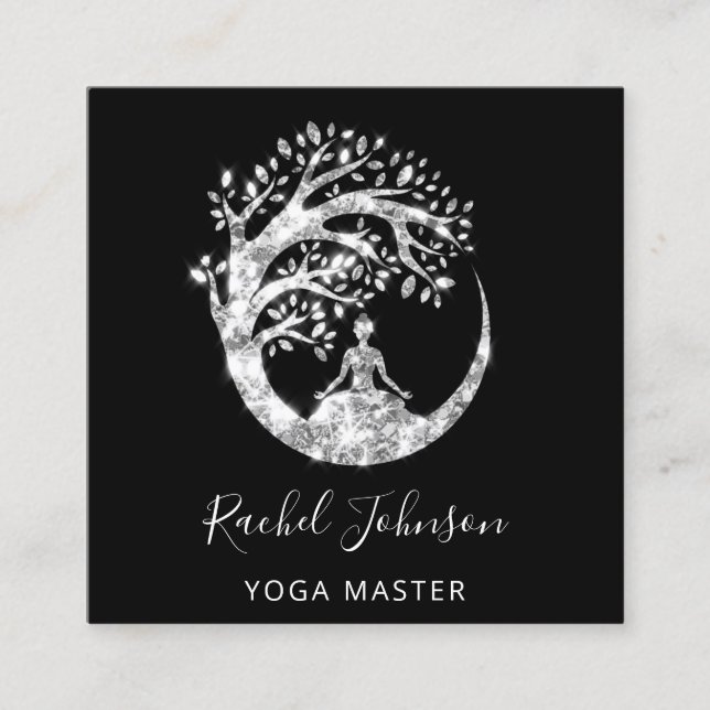 Yoga Classes School Logo Instructor QR Spark Gray  Square Business Card (Front)