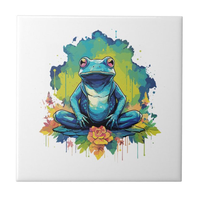 Yoga Frog Watercolor Style Ceramic Tile (Front)