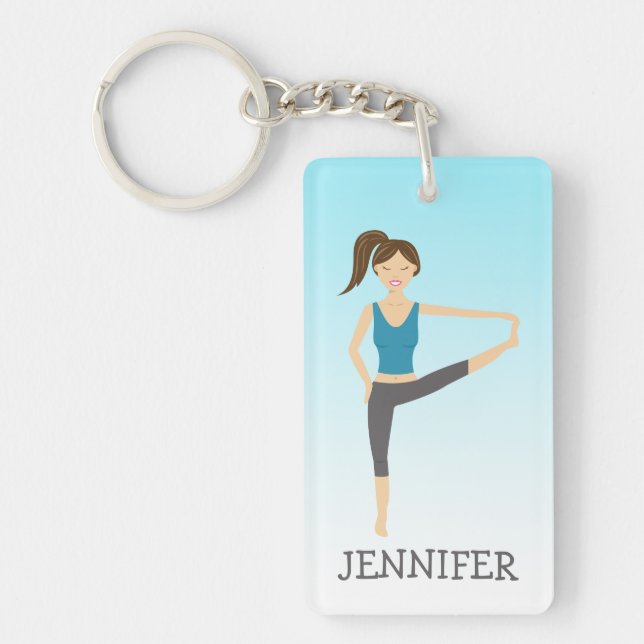 Yoga Girl In Extended Hand To Toe Pose And Name Keychain (Front)