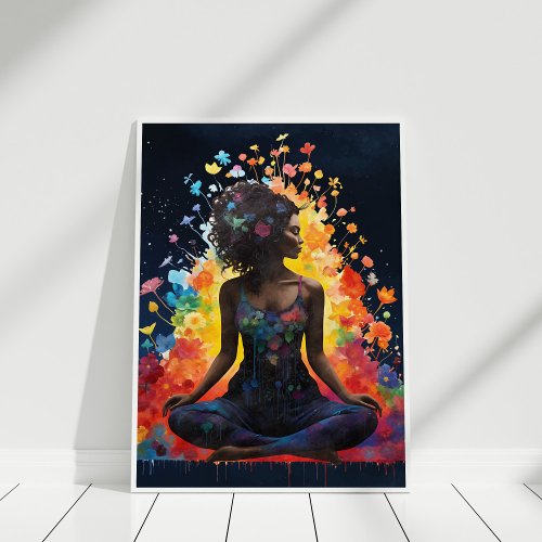 Yoga Girl Meditating Flowers Universe Poster