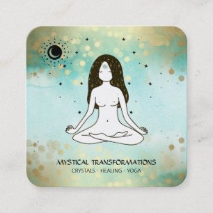 *~* Yoga Goddess Celestial Moon Magic Teal Boho Square Business Card