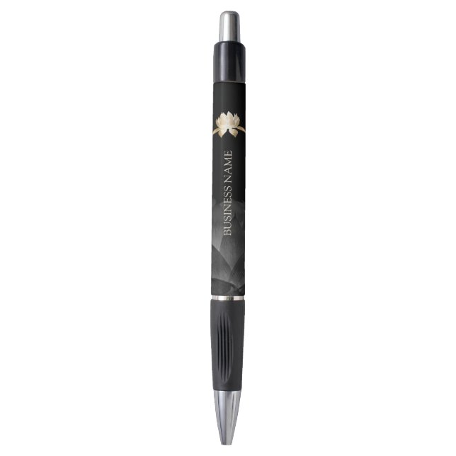 Yoga Gold Lotus Flower Black Floral Promotional Pen (Front Vertical)