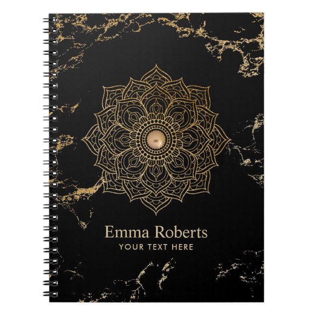 Yoga Gold Lotus Mandala Vintage Black Gold Marble Notebook (Front)