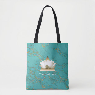 Yoga Gold Lotus Modern Turquoise & Gold Marble Tote Bag