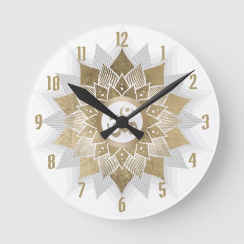 Yoga Gold Om Symbol Lotus Flower Mandala Round Clock