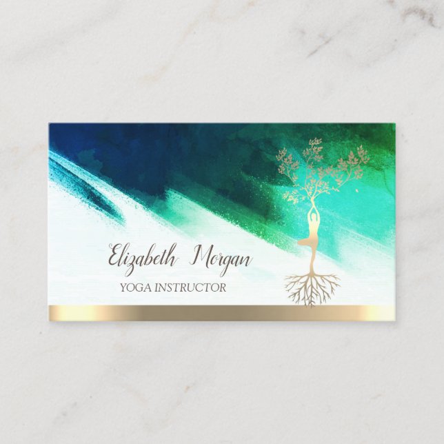 Yoga,Gold Tree Women Silhouette, Brush Stroke Business Card (Front)
