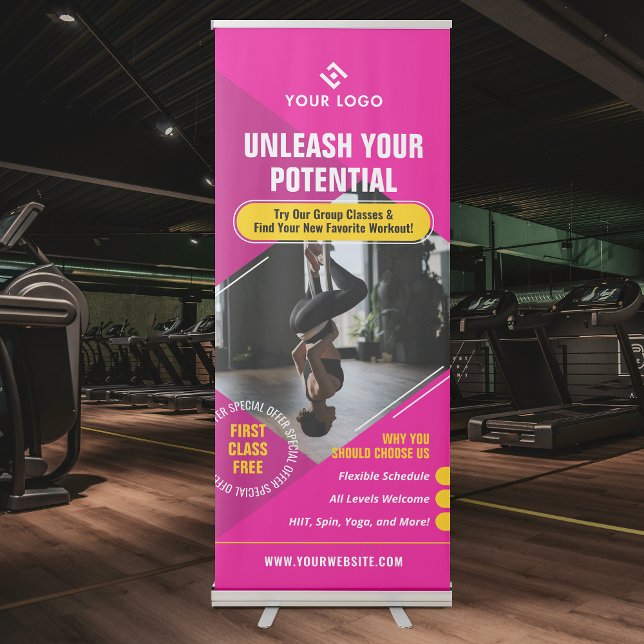 Yoga Gym Classes Girly Pink Modern Marketing Photo Retractable Banner (Girly pink gym banner with photo, your logo and custom text - use it for any type of workouts)