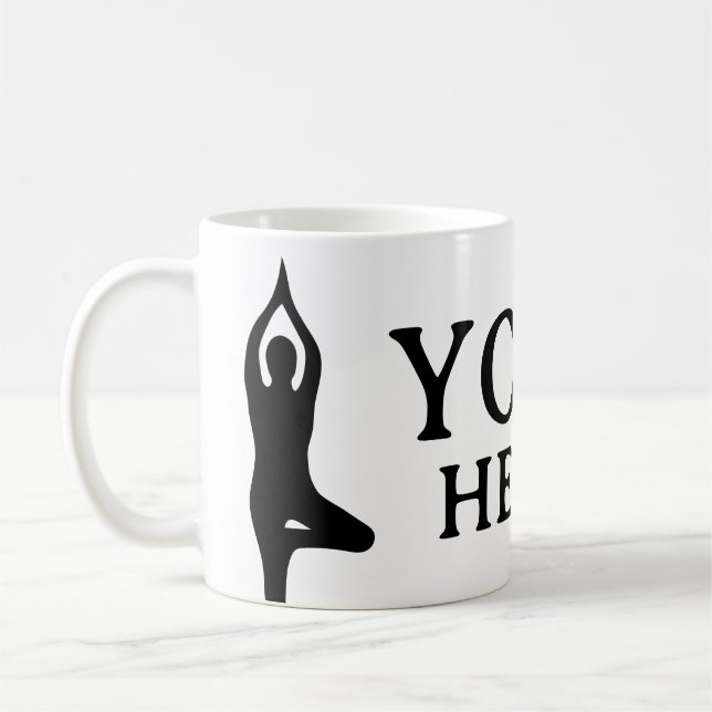 Yoga Heals coffee mug with tree pose silhouette (Left)