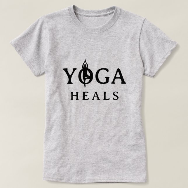 Yoga Heals tee shirt with tree pose silhouette (Design Front)