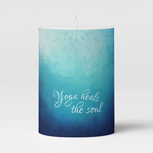 Yoga Heals the Soul Text with Blue Mandala Pillar Candle (Front)