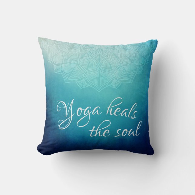 Yoga Heals the Soul Text with Blue Mandala Throw Pillow (Front)