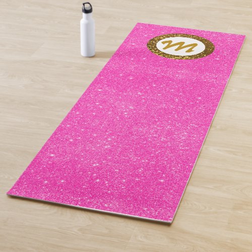 Yoga Hot Pink Glitter Girly Monogram Gold Glitter Yoga Mat